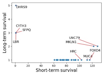 Graph showing number of patients in each group for each mutated gene in the three cancers. The x-axes represent the count for short-term survivors, and the y-axes represent the count for long-term survivors. Interesting genes appear in the lower right or upper left corners. (a) GBM